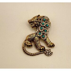 Lion Brooch Pin Gold Tone Metal Clear Rhinestone Turquoise Cabochon Animal
